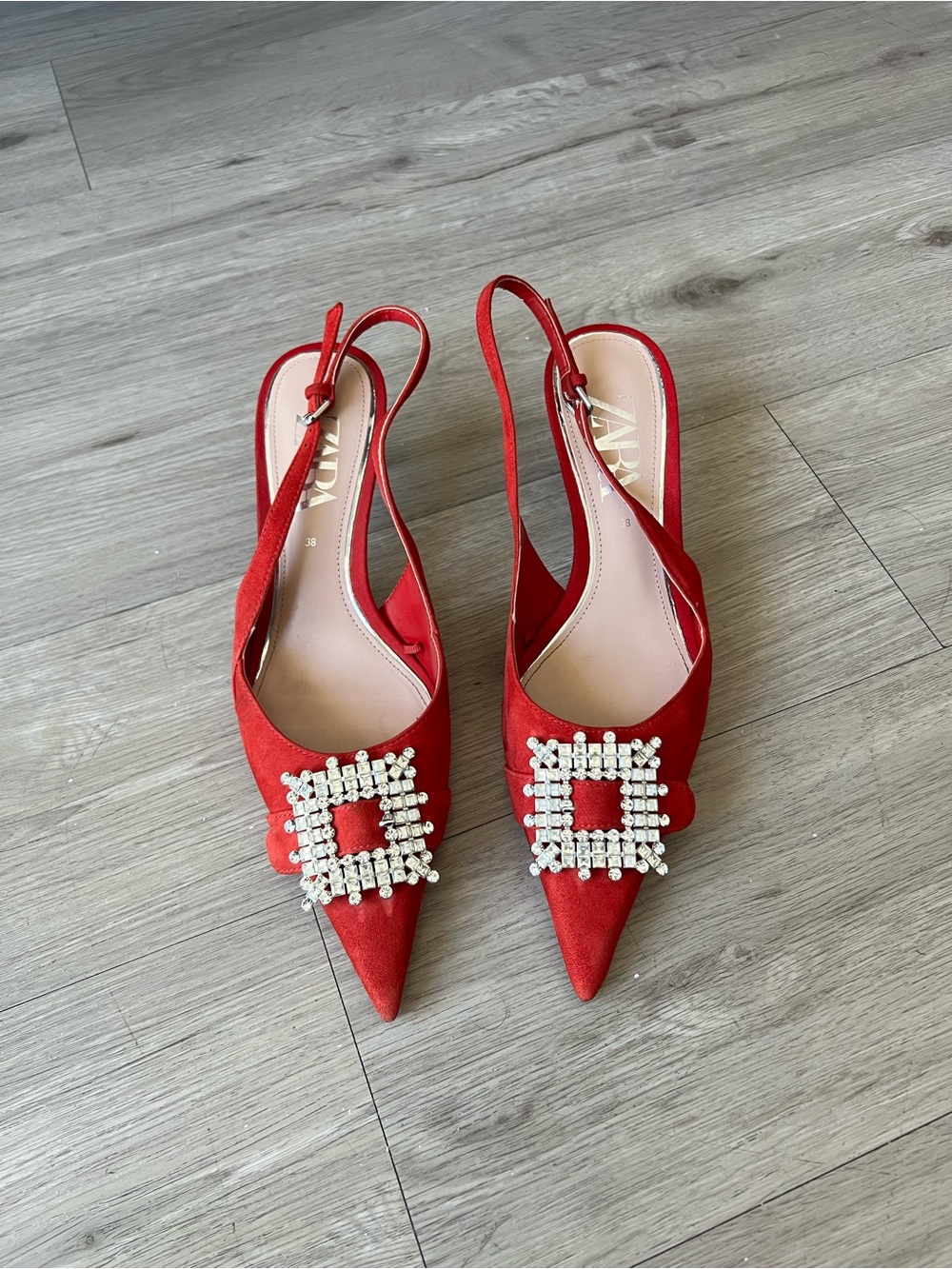 Zara Red Suede Rhinestone Buckle Pointy Toe Sling Backs Sz 38 - Picture 2 of 9